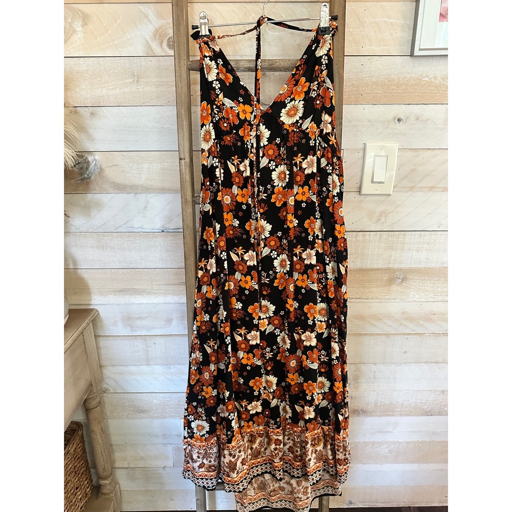 Cupshe Floral Maxi Dress Orange Black Boho Halter V-Neck Empire Waist Large NEW
